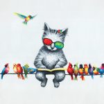 toile-figuratif-Chat-et-oiseaux-sur-le-fil-60x60-cm